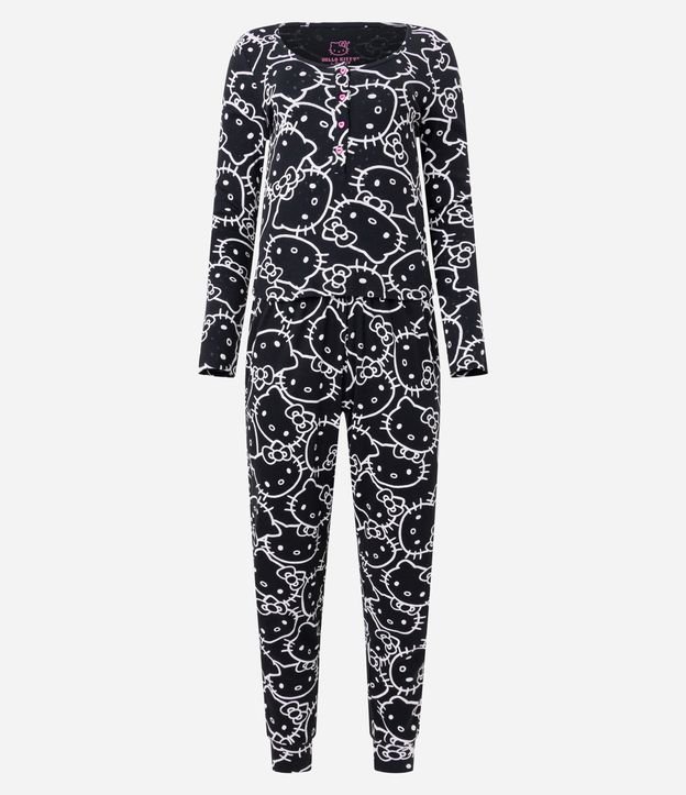 Pijama Longo com Botões e Estampa de Carinhas Hello Kitty Preto 6
