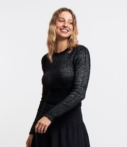 Suéter Curto em Tricô com Pelinhos e Fio Metalizado