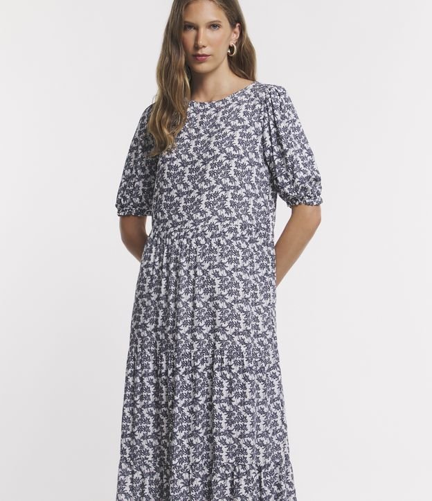 Vestido Longo Manga Bufante em Viscose com Coqueiros Estampados