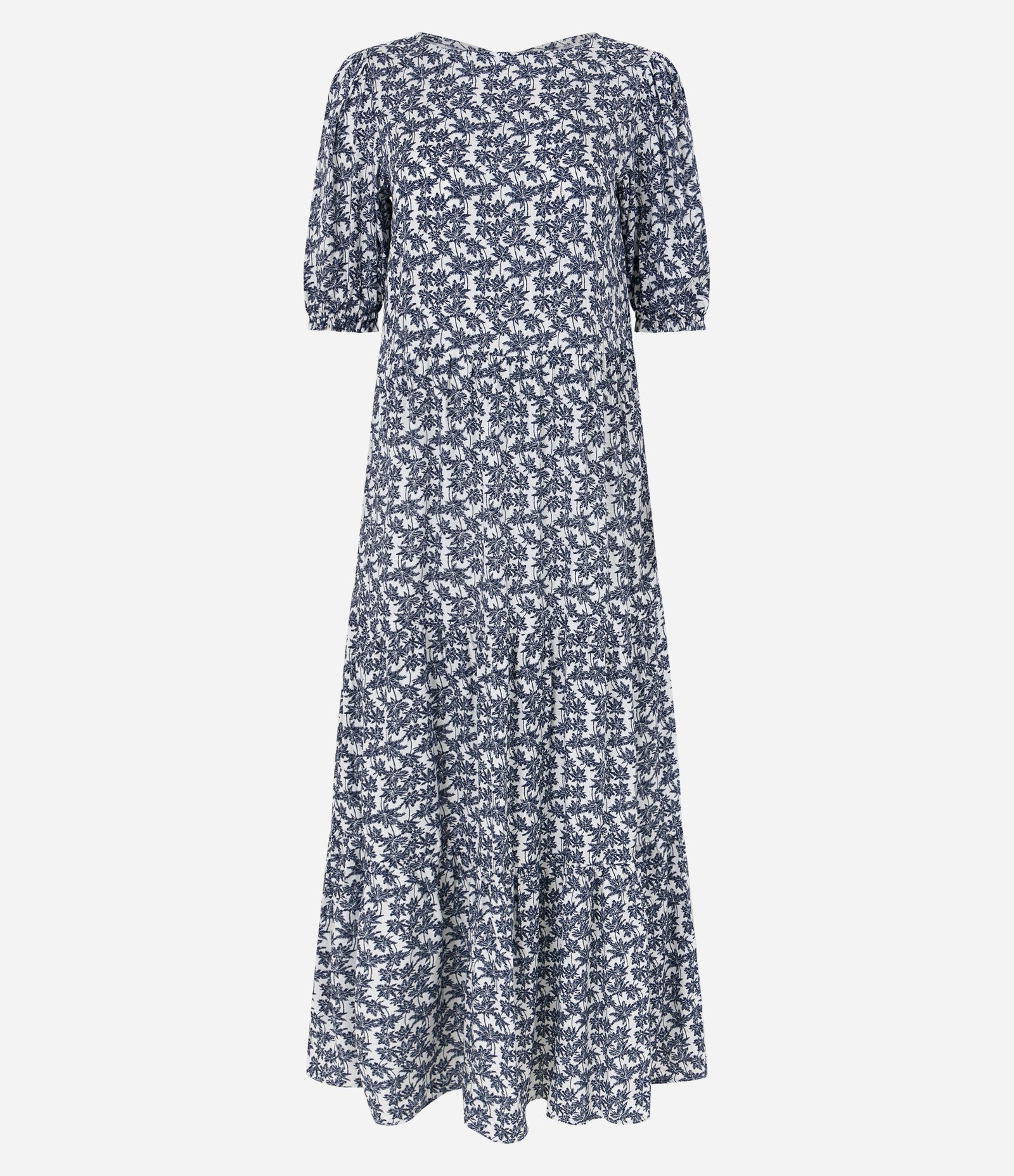 Vestido Longo Manga Bufante em Viscose com Coqueiros Estampados Off White/Azul 5