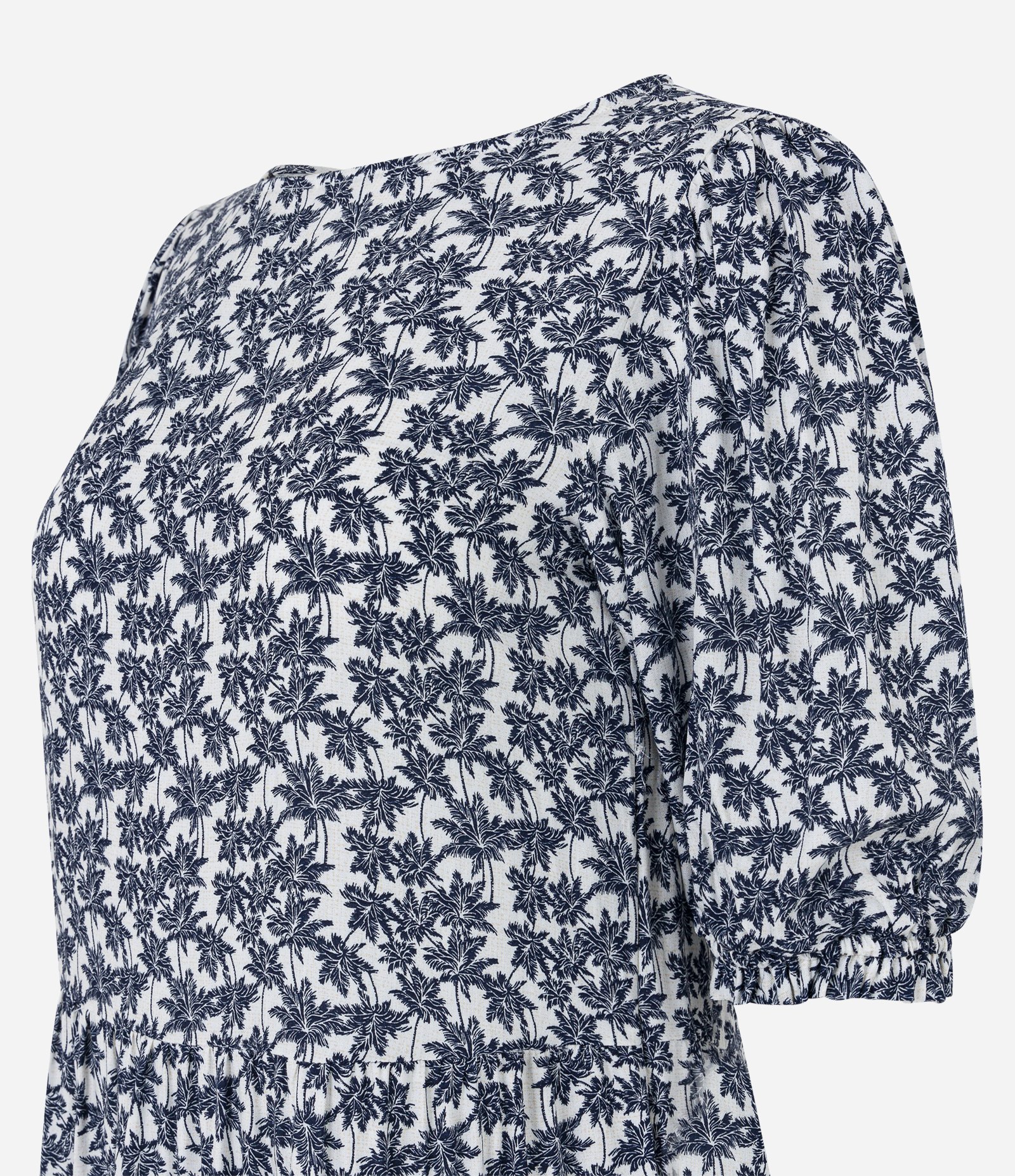 Vestido Longo Manga Bufante em Viscose com Coqueiros Estampados Off White/Azul 6