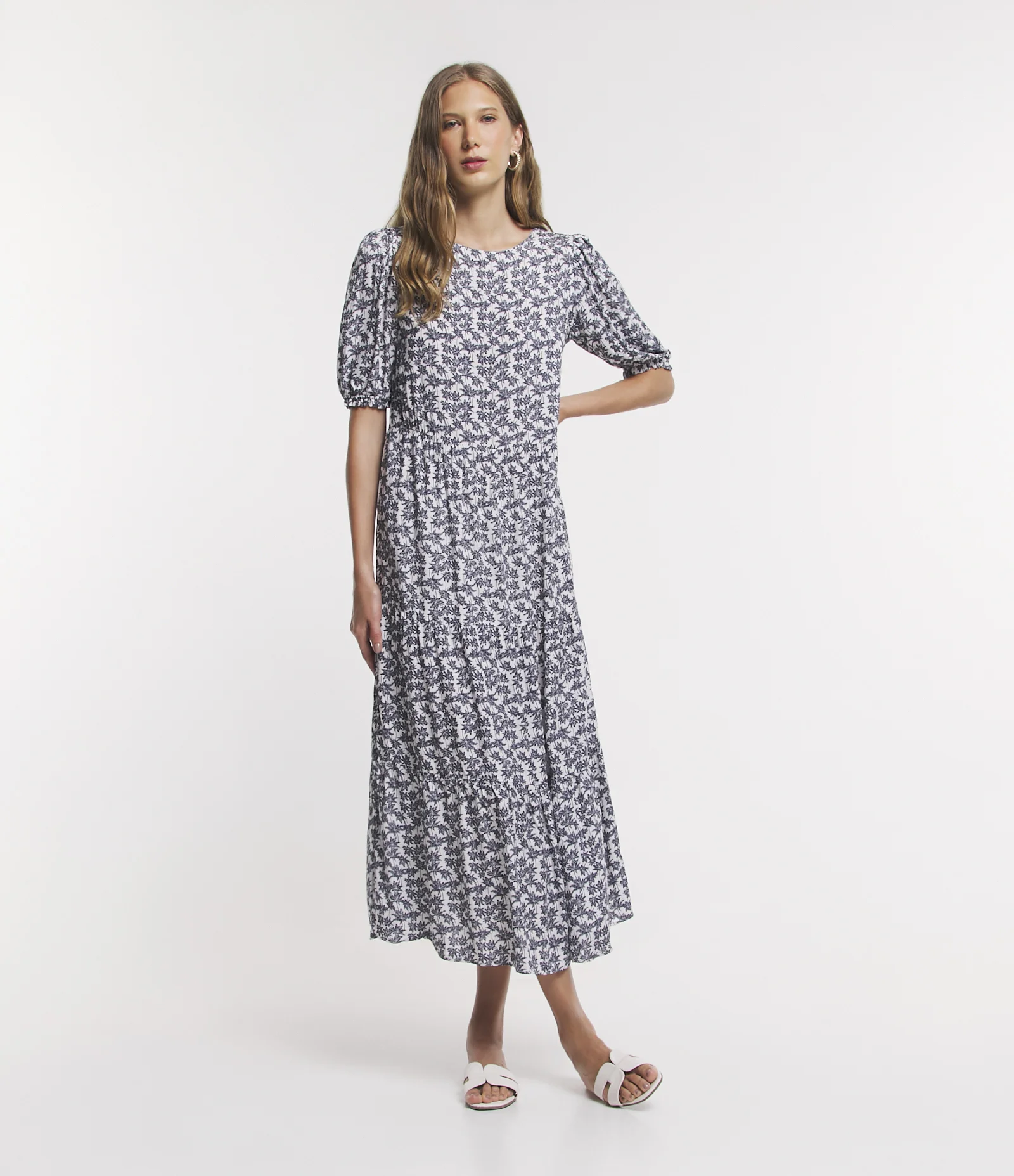 Vestido Longo Manga Bufante em Viscose com Coqueiros Estampados Off White/Azul 1