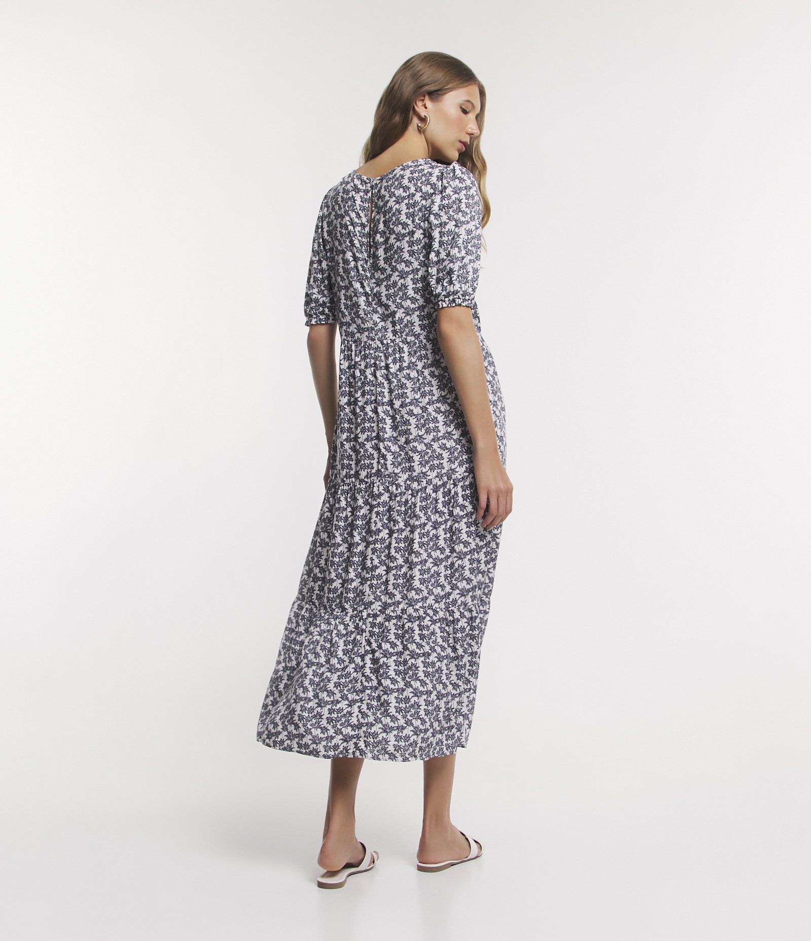 Vestido Longo Manga Bufante em Viscose com Coqueiros Estampados Off White/Azul 3