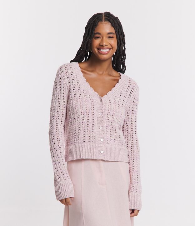 Cardigan em Tricô Furadinho com Botões e Ponto Ondas