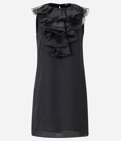 Vestido Curto em Crepe com Babado Frontal em Organza