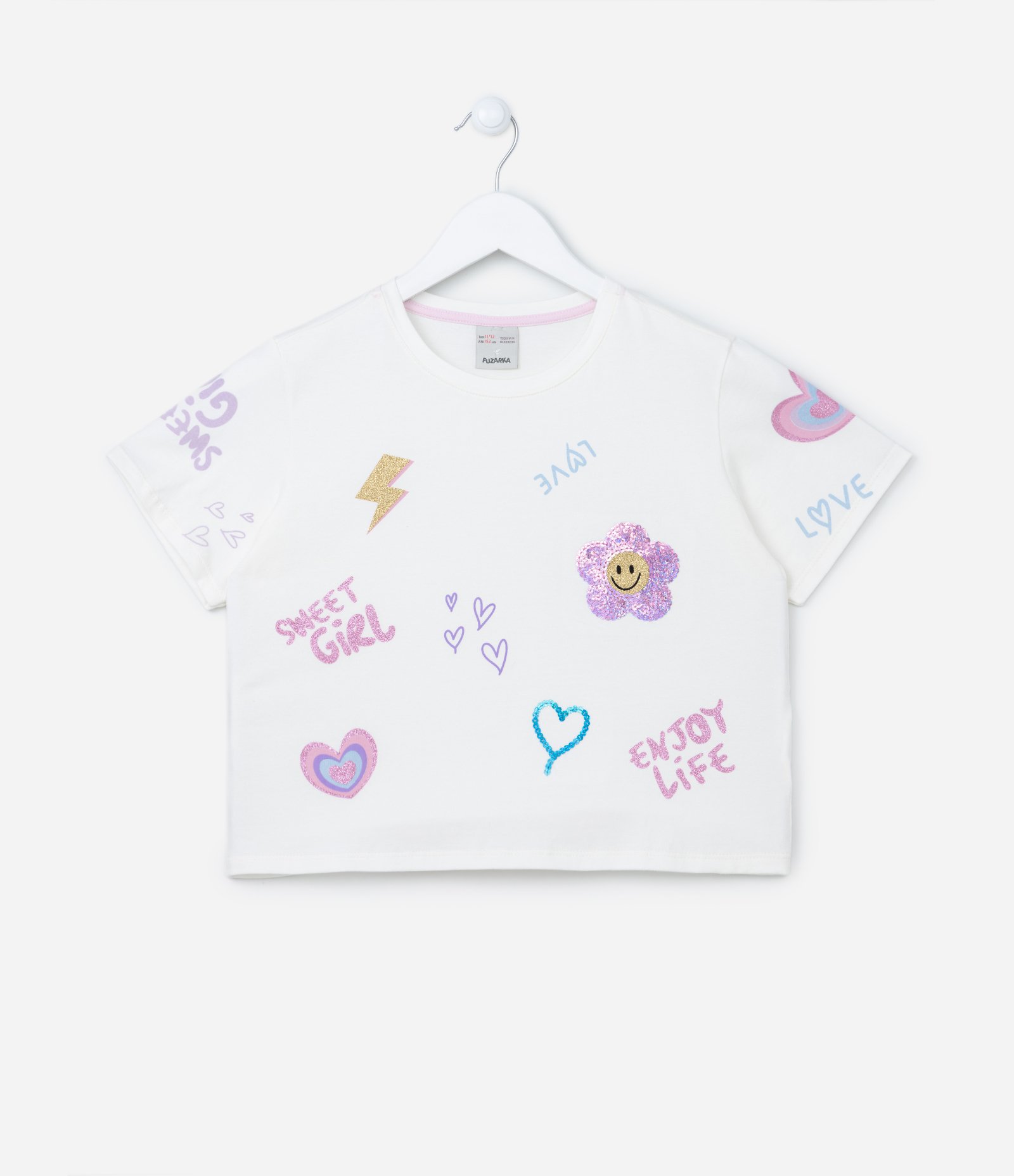 Camiseta Cropped Infantil com Doodles em Paetês - Tam 1 a 5 anos Branco 1