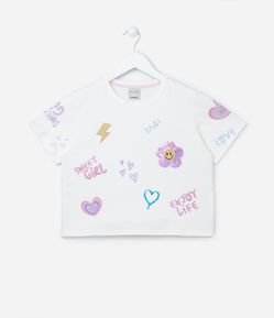 Camiseta Cropped Infantil com Doodles em Paetês - Tam 1 a 5 anos