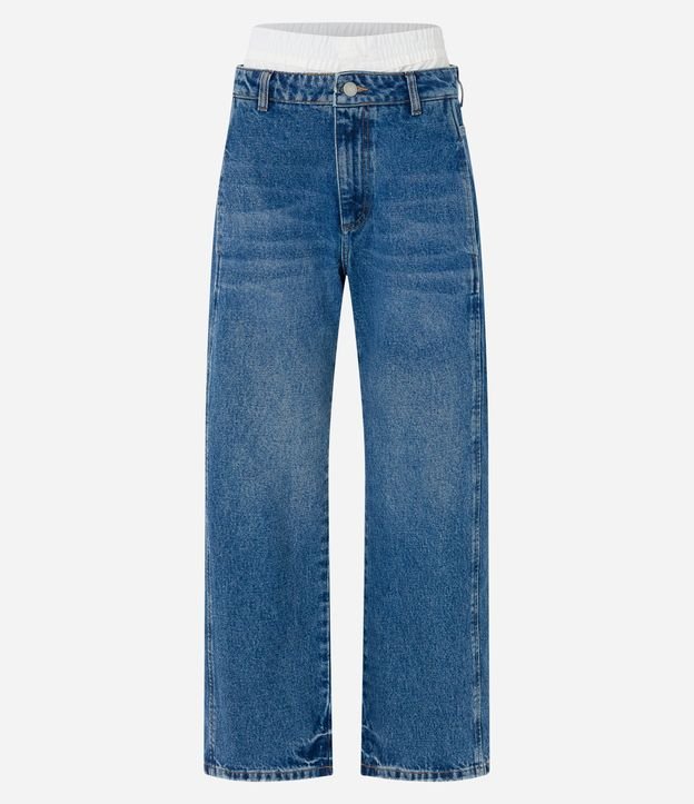 Calça Jeans Reta com Cós Estendido em Tecido Azul 5