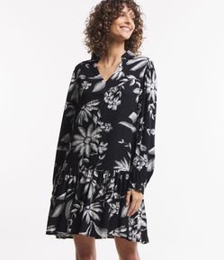 Vestido em Viscose com Amarração no Punho e Estampa Floral