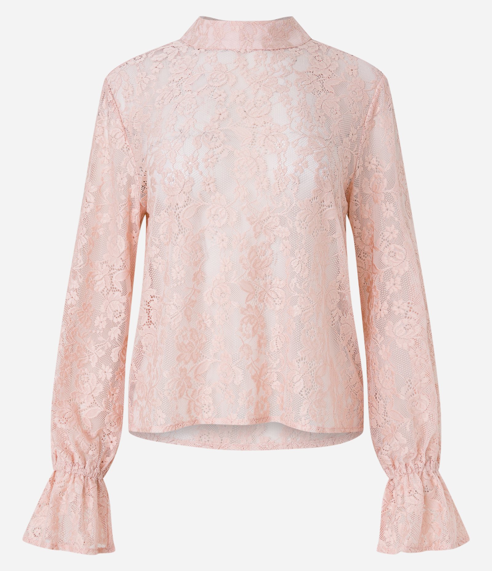 Blusa em Renda com Gola Alta e Babado na Manga Rosa 6