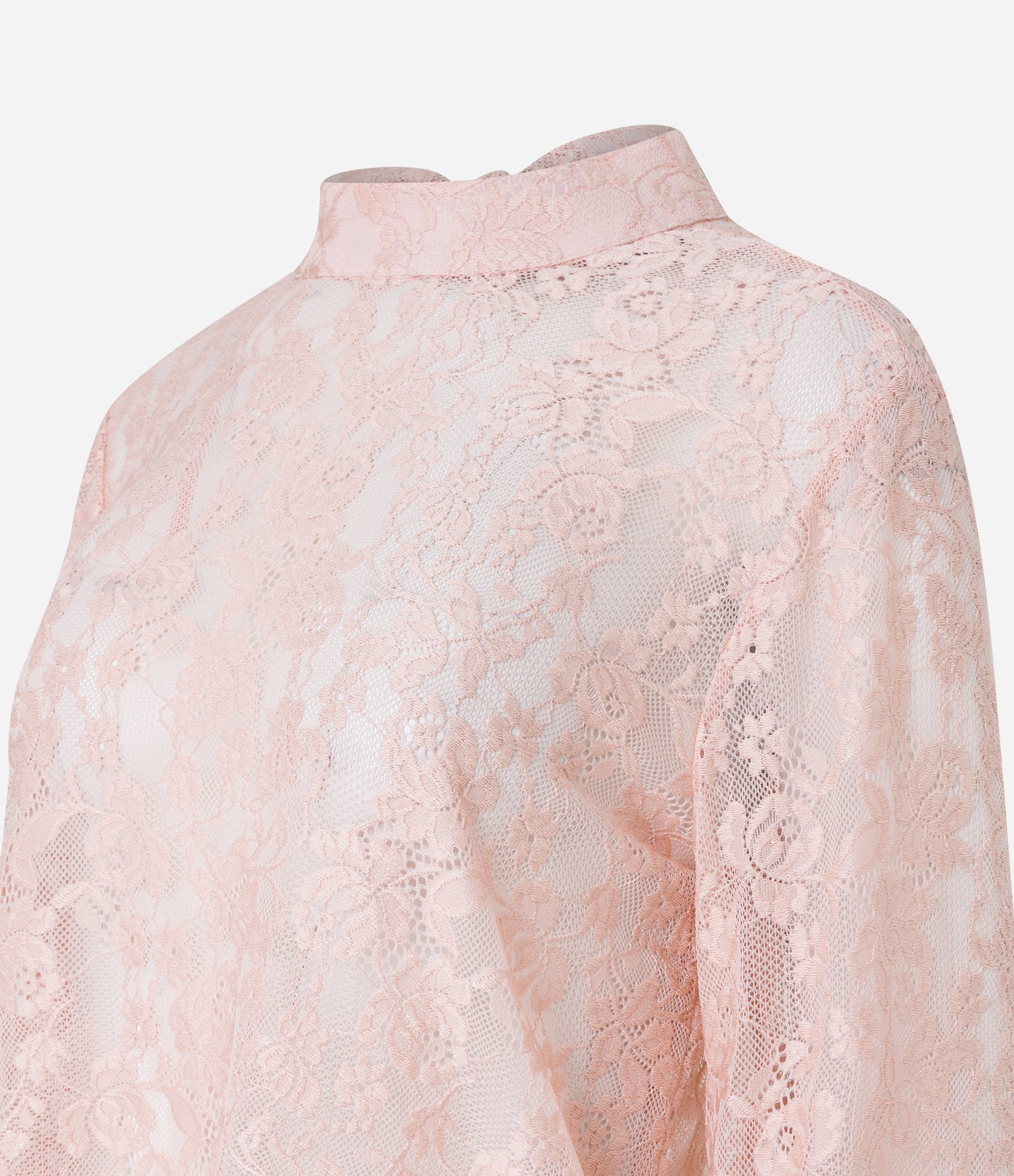 Blusa em Renda com Gola Alta e Babado na Manga Rosa 7