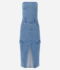 Vestido Midi em Jeans com Bolso Cargo e Fenda Frontal