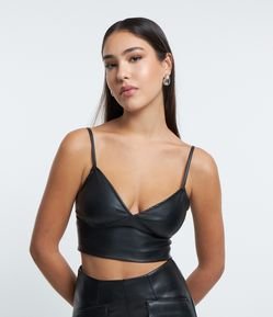 Blusa de Alça Cropped em Pu com Franzidinhos no Busto