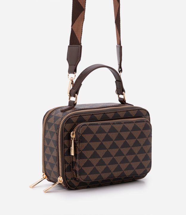 Bolsa Camera Bag em PU com Estampa Triângulos e Bolsinho Frontal