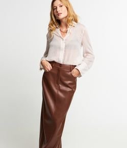 Saia Reta Midi em PU com Bolsos e Fenda