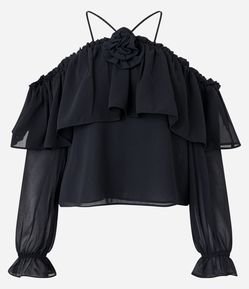 Blusa em Chiffon com Decote Ombro a Ombro com Babado e Amarração no Pescoço