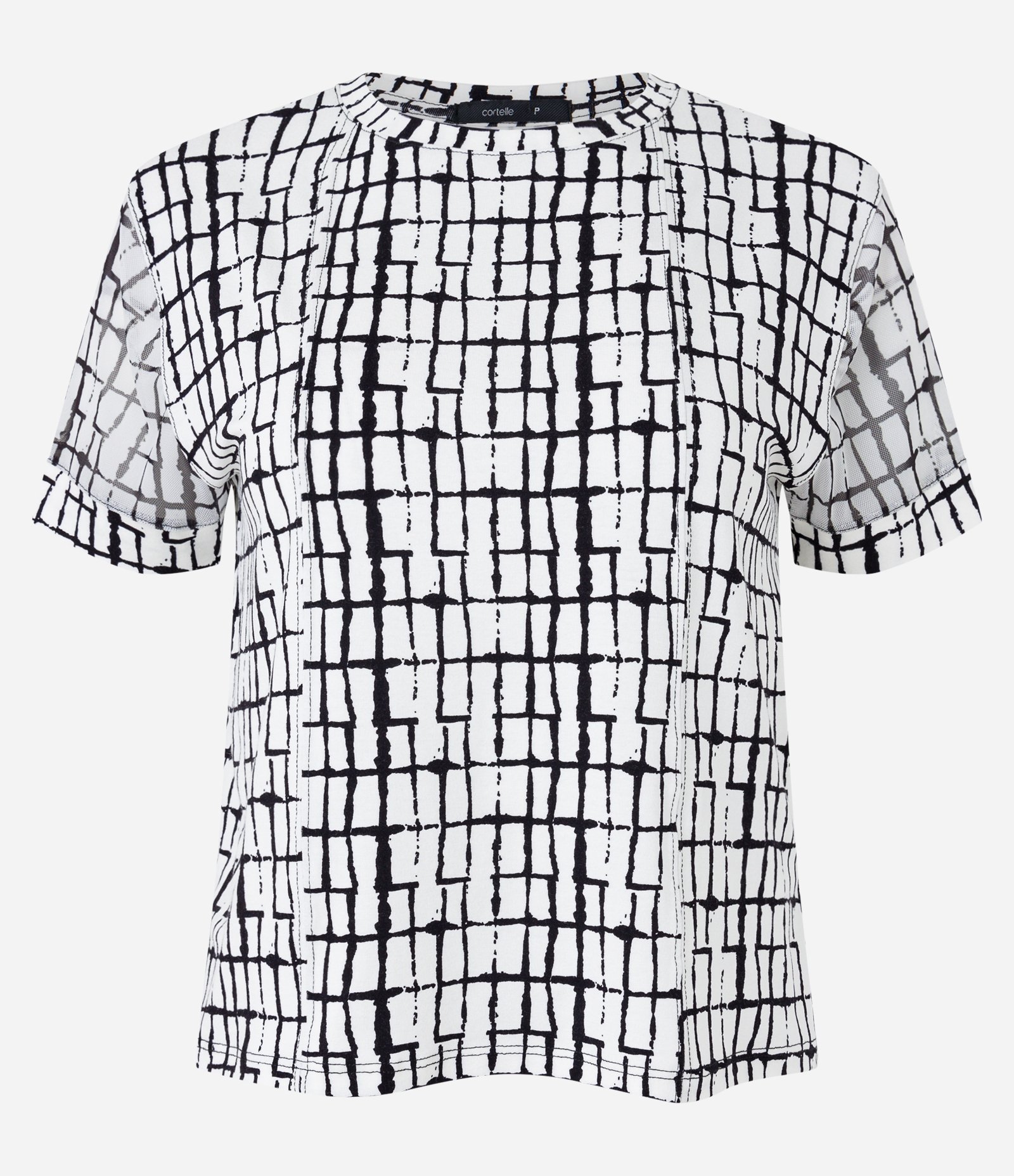 Blusa em Viscose com Recortes e Estampa Geométrica Branco/ Preto 1