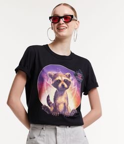 Camiseta Alongada em Meia Malha com Estampa Rocket Racoon Marvel