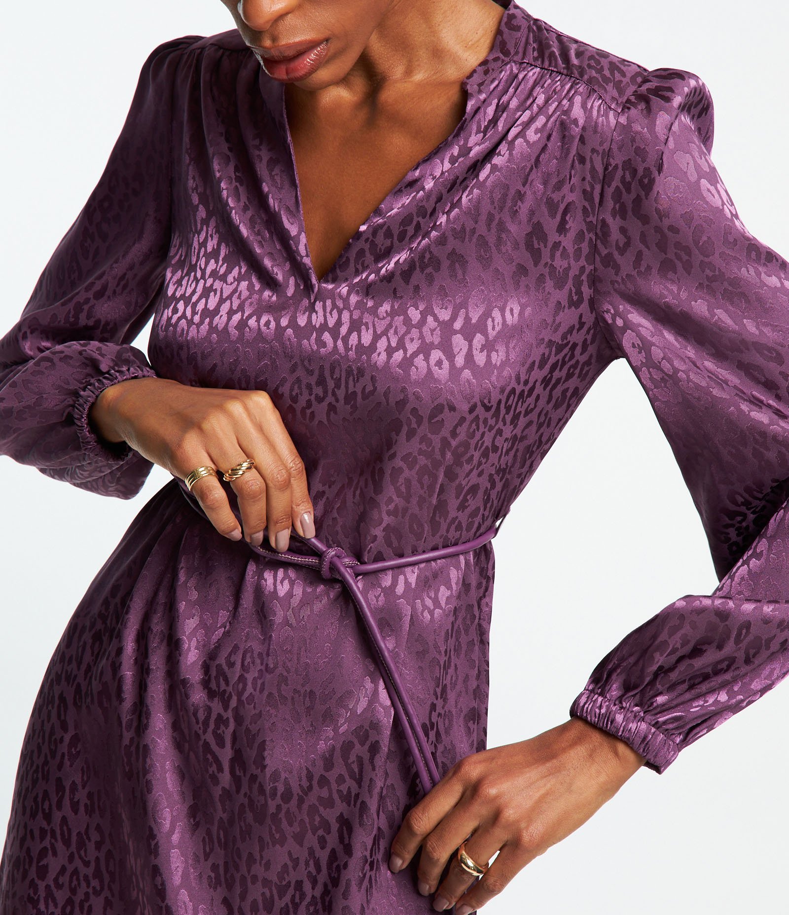 Vestido em Jacquard com Amarração na Cintura e Estampa Oncinha Roxo 1