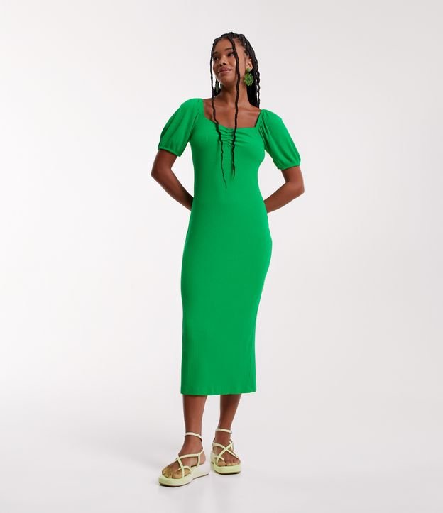 Vestido Midi em Ribana com Decote Franzido Verde 3