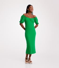 Vestido Midi em Ribana com Decote Franzido
