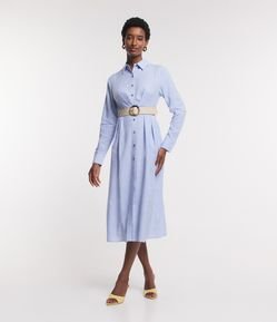 Vestido Chemise Midi em Viscolinho com Cinto Fivela e Estampa Listras