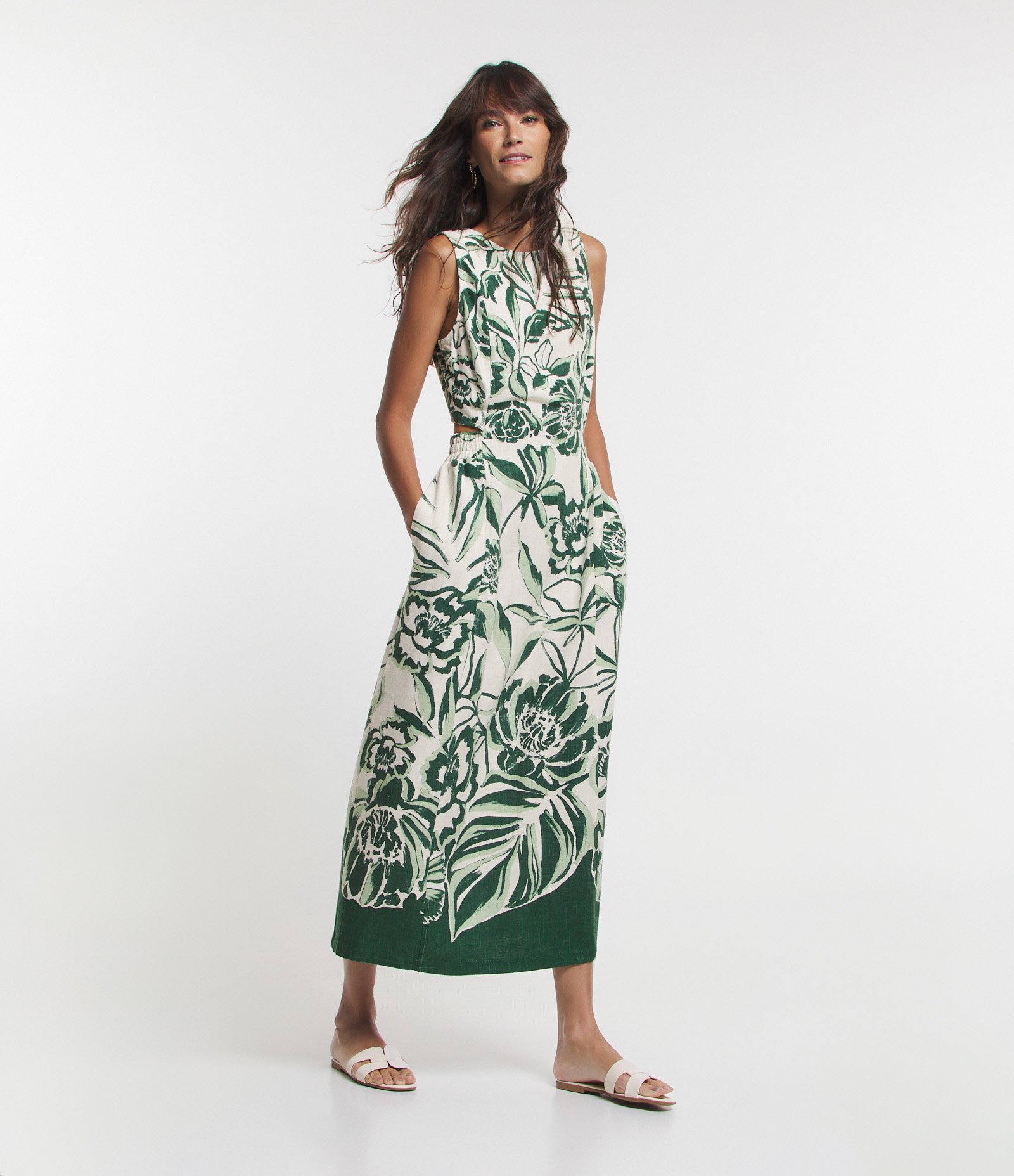 Vestido Midi em Viscolinho com Cintura Marcada e Estampa Folhagem Off White 1