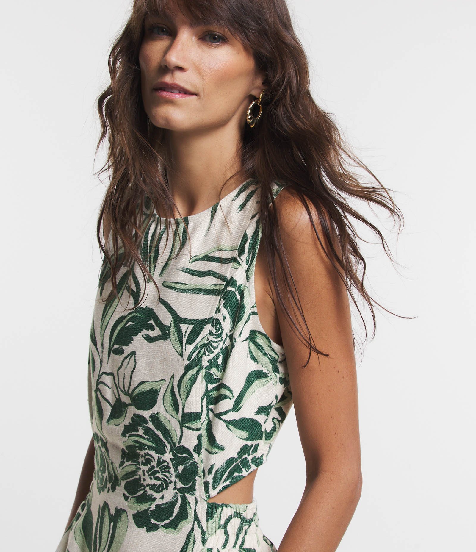 Vestido Midi em Viscolinho com Cintura Marcada e Estampa Folhagem Off White 3