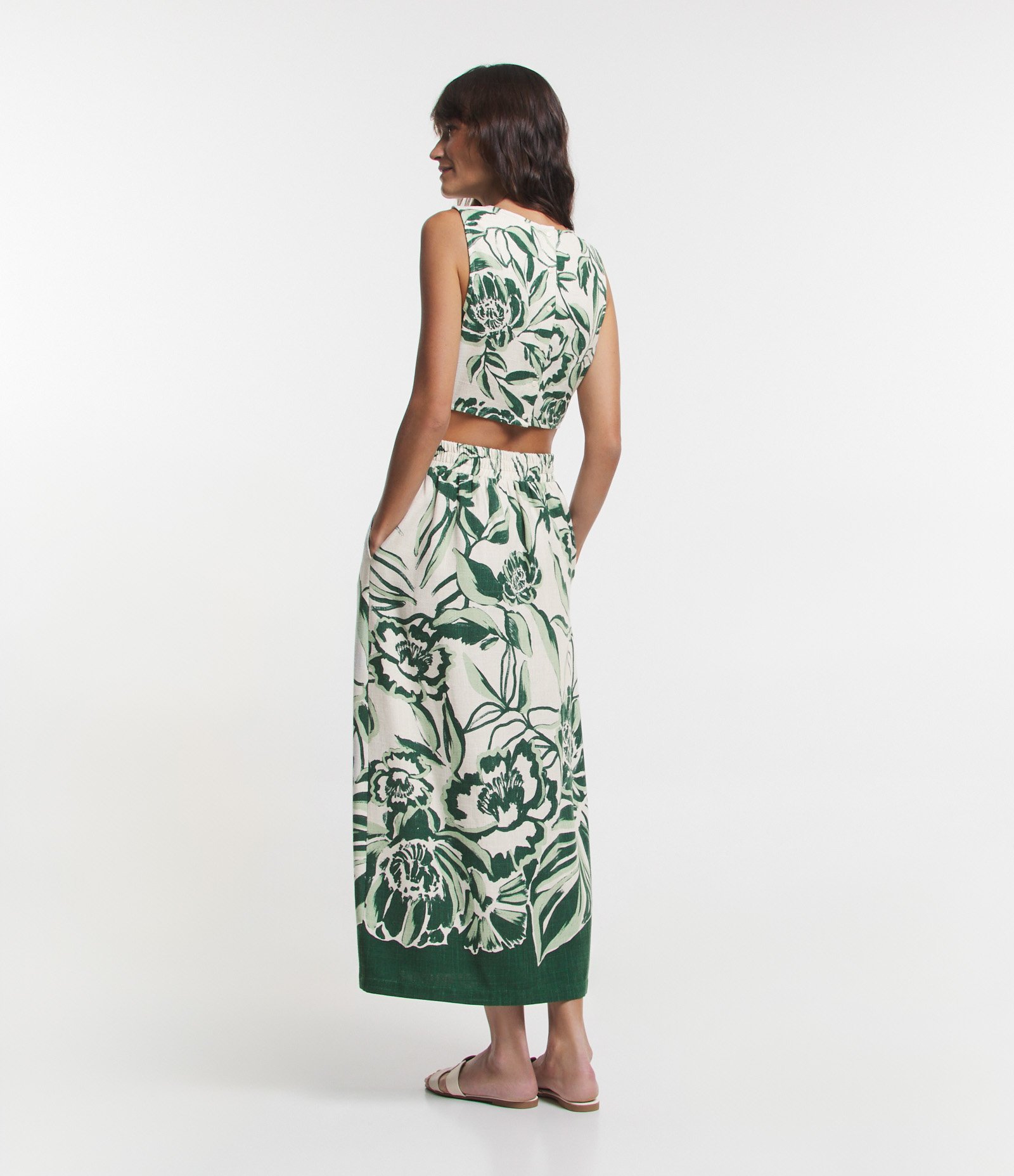 Vestido Midi em Viscolinho com Cintura Marcada e Estampa Folhagem Off White 6