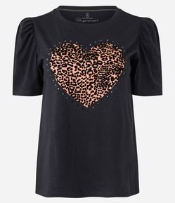 Blusa em Meia Malha com Manga Bufante e Estampa Coração Animal Print Onça
