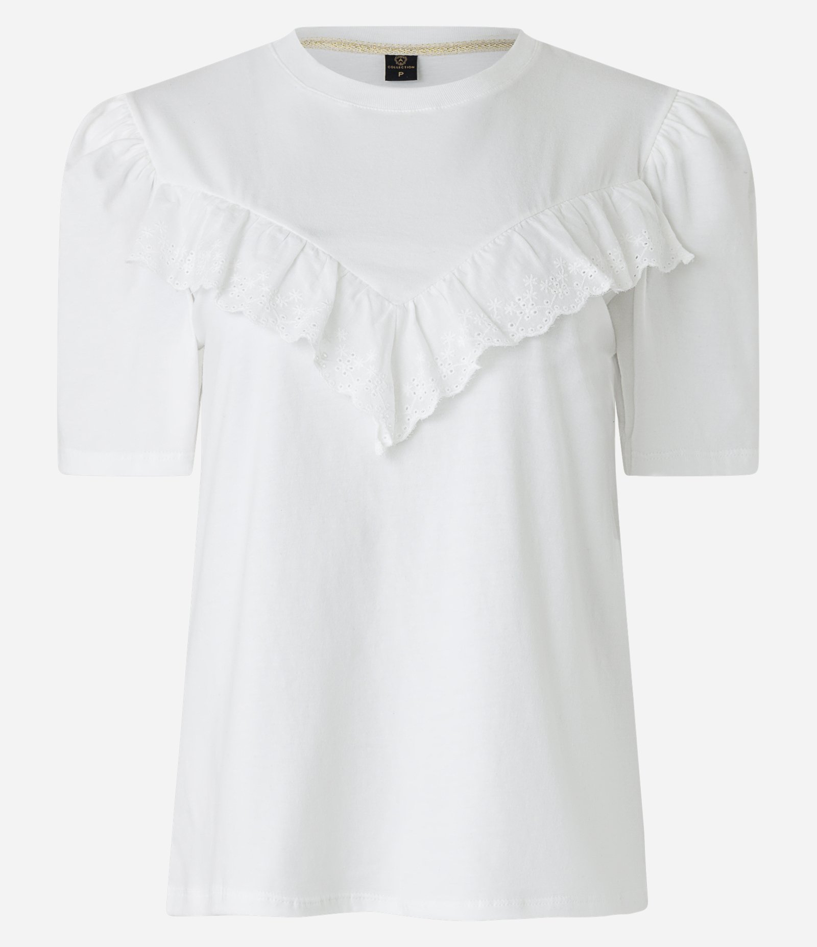 Blusa Manga Curta em Meia Malha com Babado de Renda Off White 1