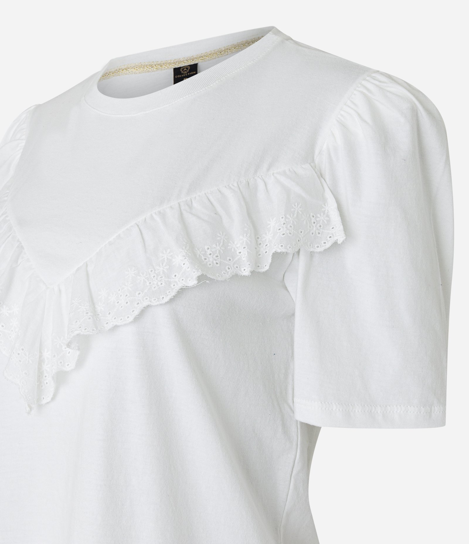 Blusa Manga Curta em Meia Malha com Babado de Renda Off White 2