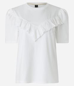 Blusa Manga Curta em Meia Malha com Babado de Renda