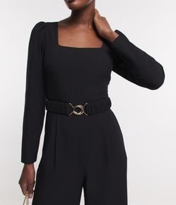 Macacão Longo em Crepe com Pregas e Cinto em Metal