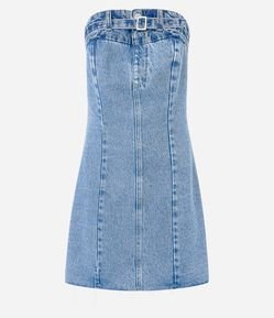 Vestido Tomara que Caia Jeans com Cinto Fivela no Decote 
e Zíper nas Costas