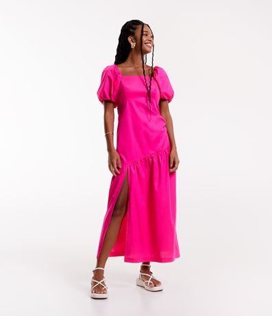 Menor preço em Vestido New Midi em Tricoline Assimétrico com Manga Bufante