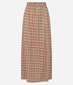 Saia New Midi em Tricoline com Fenda e Estampa Abstrata