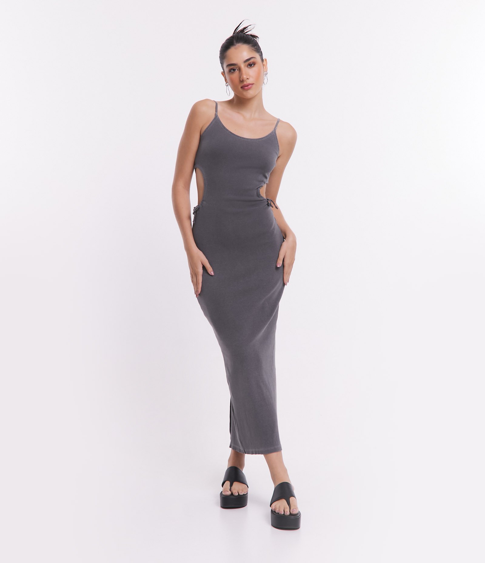 Vestido Midi em Ribana Lavado com Aberturas Laterais Cinza 1
