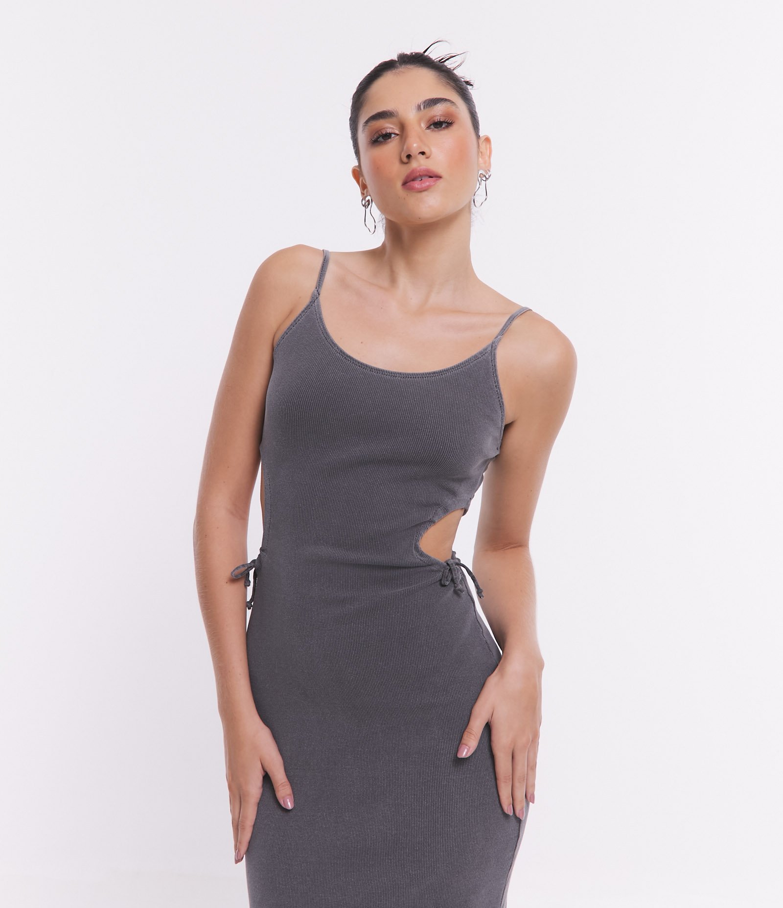 Vestido Midi em Ribana Lavado com Aberturas Laterais Cinza 2