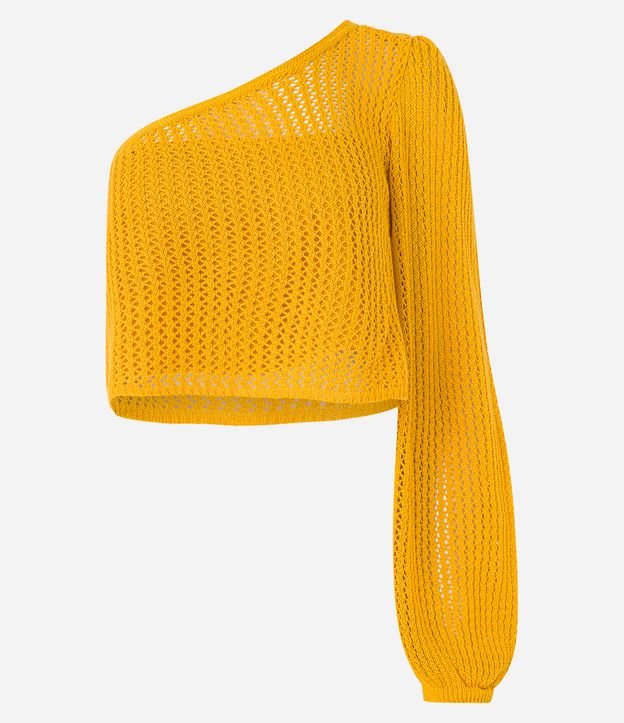 Blusa Cropped em Tricô Furadinha e com Um Ombro Só Amarelo 6