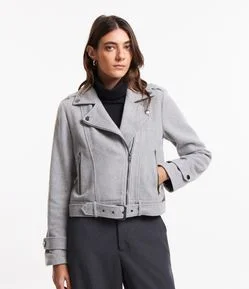 Jaqueta Biker em Polivelour com Cinto na Cintura