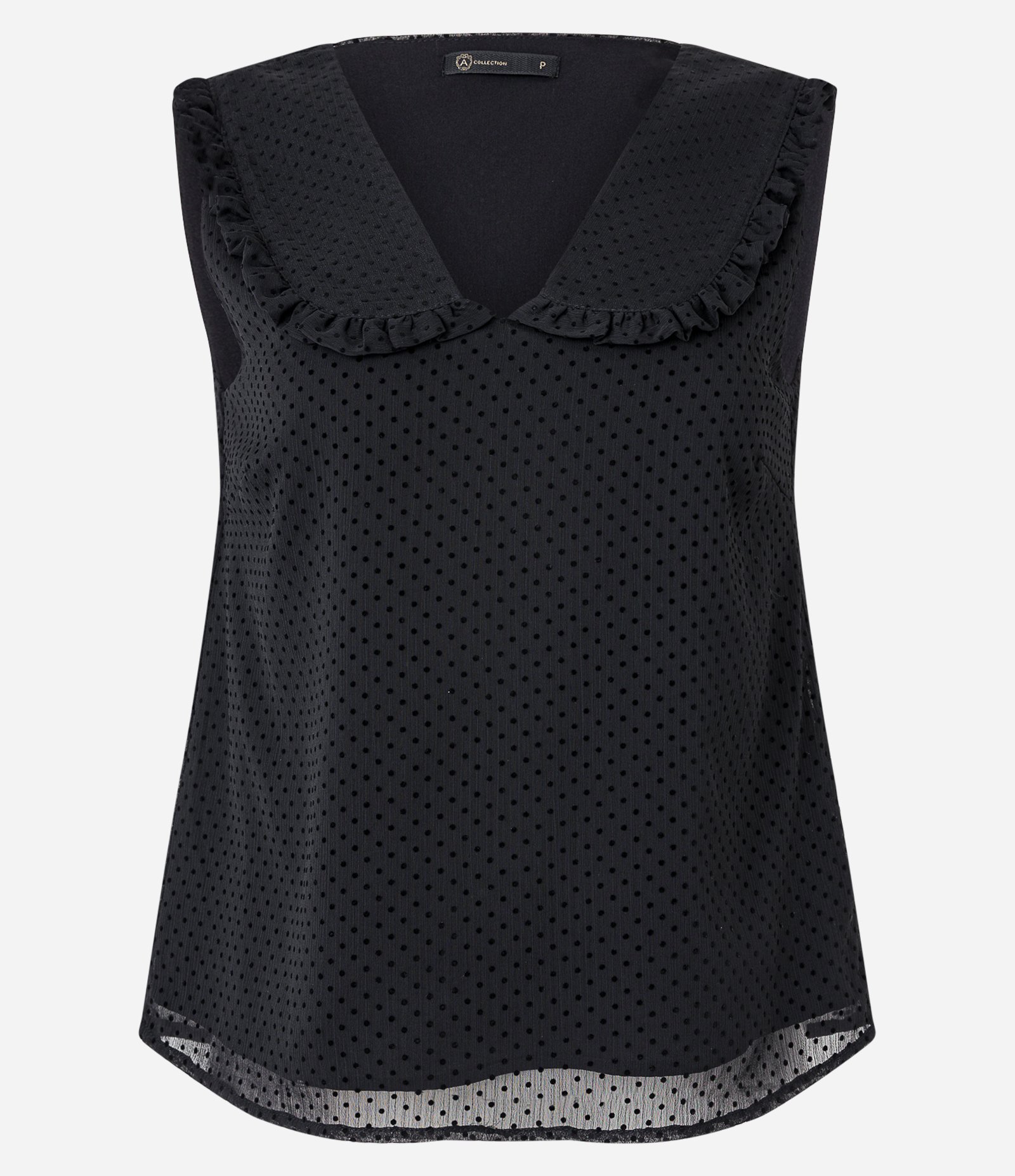 Blusa Sem Manga em Chiffon com Gola Boneca e Poás Estampados Preto 1