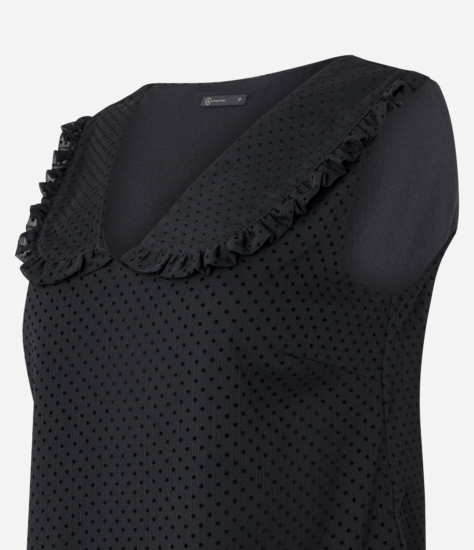 Blusa Sem Manga em Chiffon com Gola Boneca e Poás Estampados Preto 2