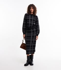 Saia Reta em Tricô com Cós Elástico e Estampa Xadrez