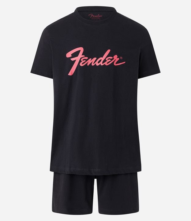 Pijama Curto em Meia Malha com Estampa Fender Preto 5
