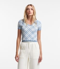 Blusa em Jacquard com Gola Polo e Estampa de Margaridas