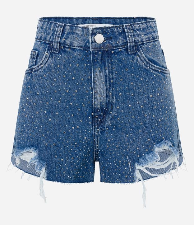Short Cintura Alta em Jeans com Puídos e Brilhos