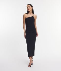 Vestido Midi em Tule com Ombro Só e Franzidinho Lateral