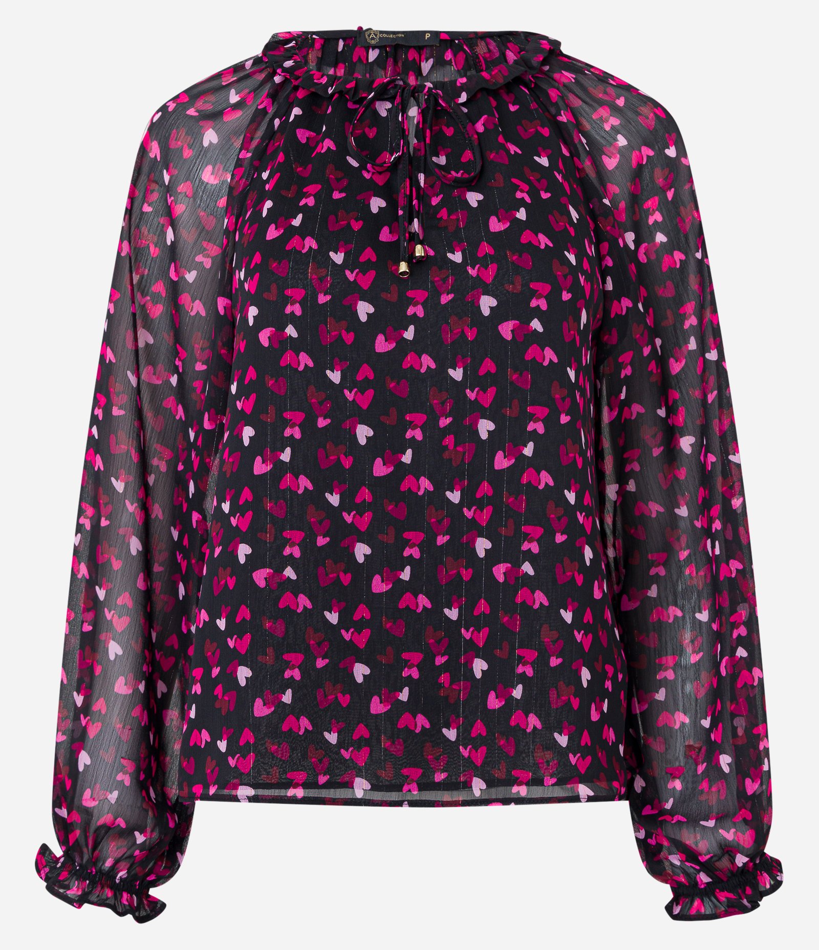 Blusa em Chiffon com Amarração na Gola e Estampa Corações Preto 6
