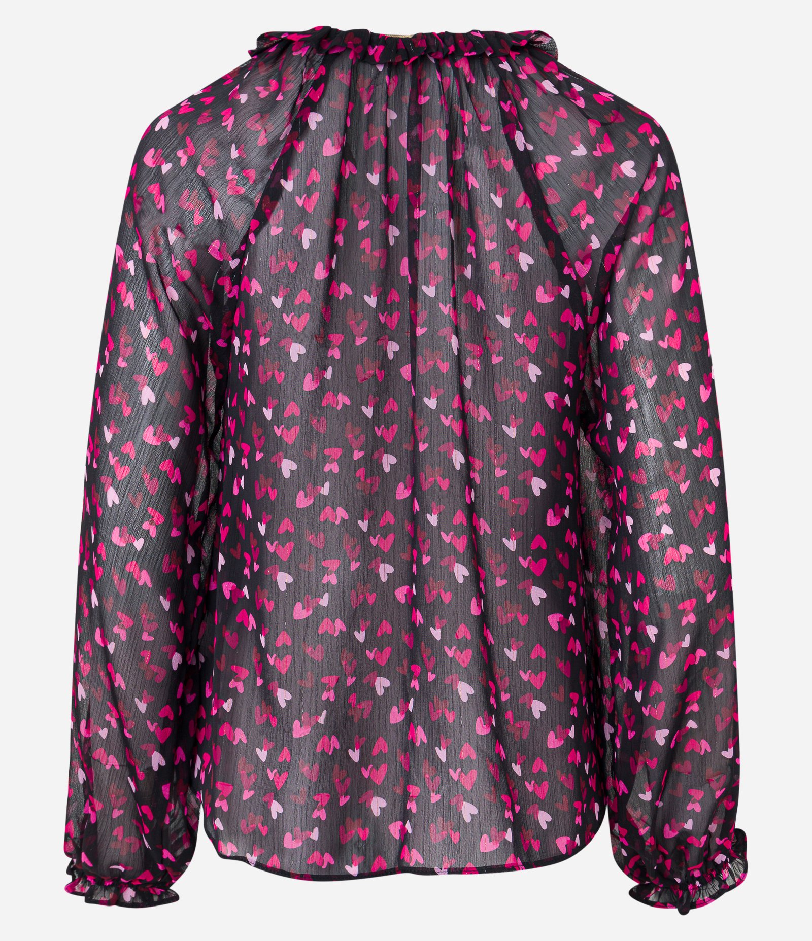 Blusa em Chiffon com Amarração na Gola e Estampa Corações Preto 7